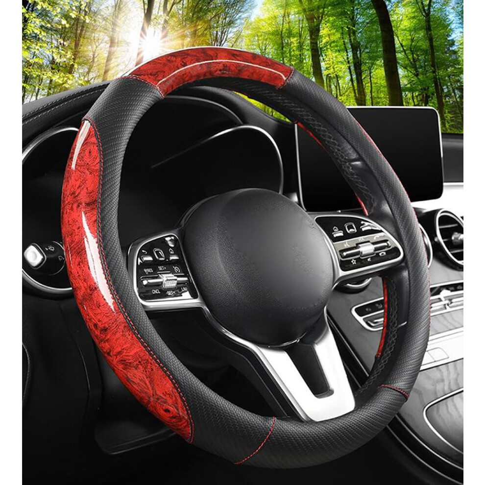 15 Inch Steering Wheel Cover Wood Leather Antislip Four Seasons Universal Sport Style Car Wrap Cover Auto Interior Accessories (Red) Grain/Red 689788527239