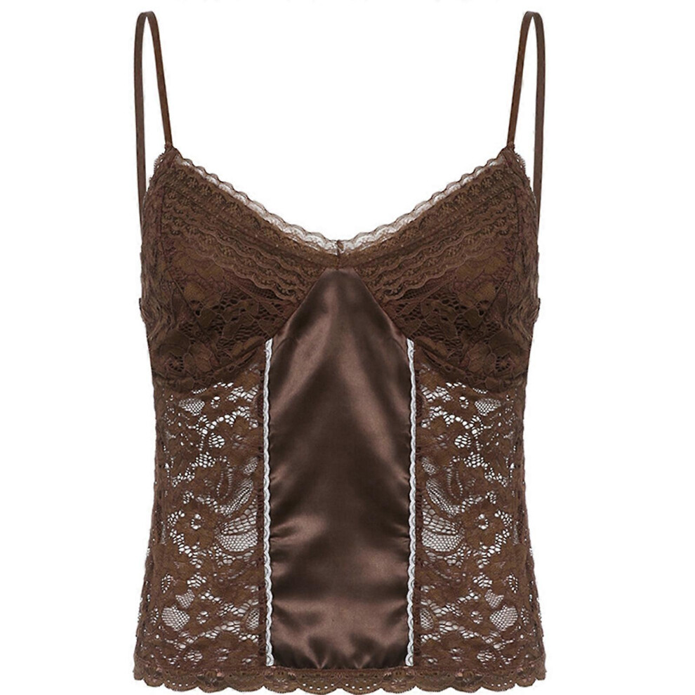 (S, One size) Women Summer Spaghetti Strap Corset Camisole See-Through Brown Floral Lace Sexy V-Neck Backless Satin Patchwork Crop for Tank Top Slim Mini Vest  S