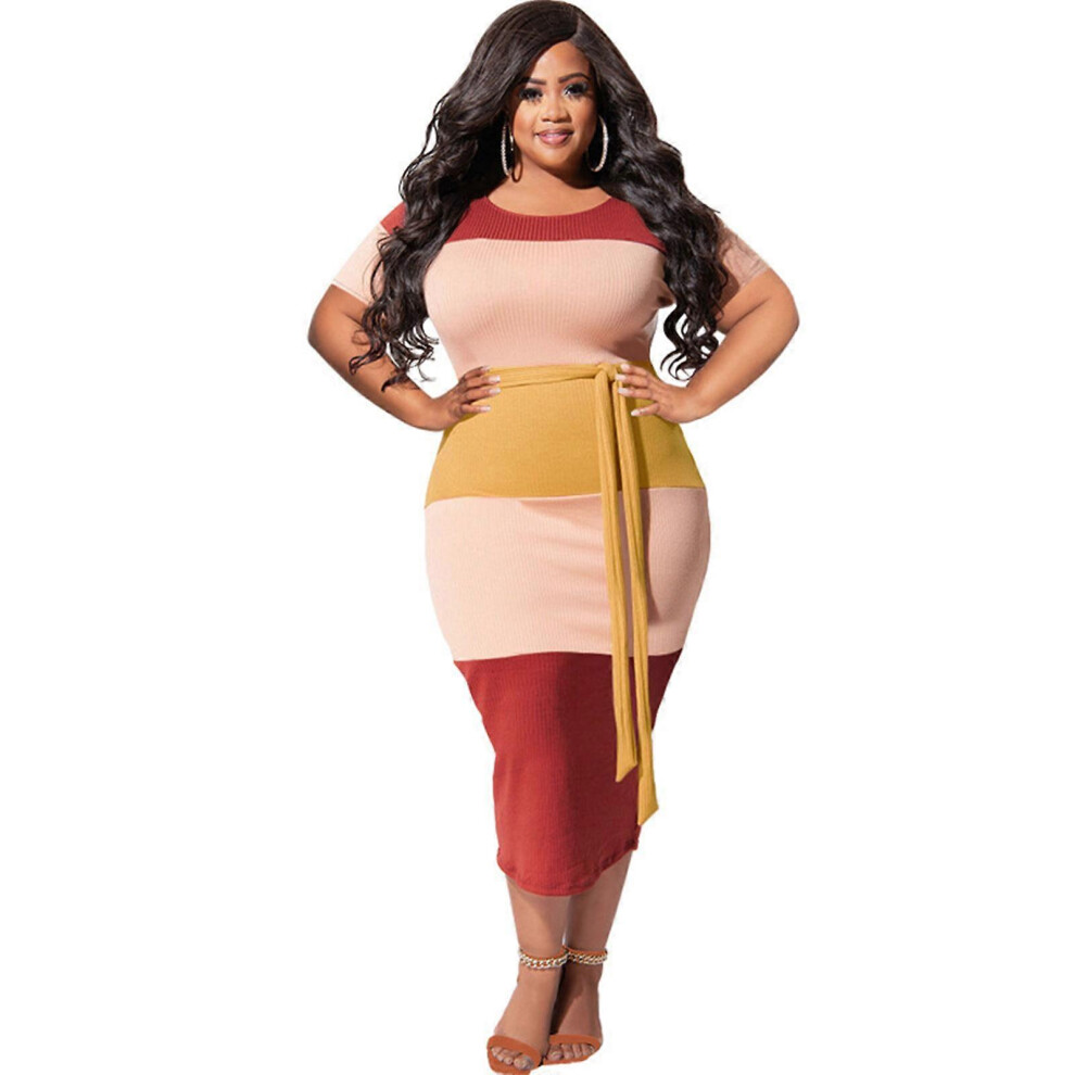(XXXL, Red) Round Neck Women Midi Long Dress Short Sleeve Round Neck Colorblock Belted Package Hip Ribbed Nightclub Party Sundress  Red XL-image-OPC-PHZGSRH-NEW