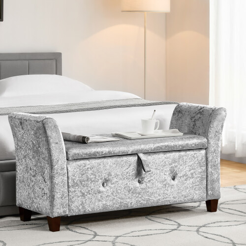 (Crushed Velvet Silver) Seville Storage Ottoman Winged Padded Bench UKFR