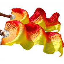 Belly Dance Silk Fan Veils Women Real Silk Belly Dance Fan Veil Dance Dancing Long Fan Silk Belly Dance Fan Veils for Dancer(Red Yellow,S120x90cm)