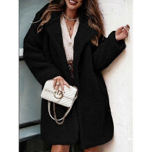 (XL, black) Autumn and Winter Women's Furry Long Sleeve Lapel Plush Top