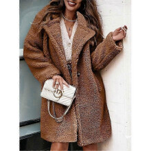 (L, khaki) Autumn and Winter Women's Furry Long Sleeve Lapel Plush Top