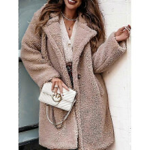 (M, apricot) Autumn and Winter Women's Furry Long Sleeve Lapel Plush Top