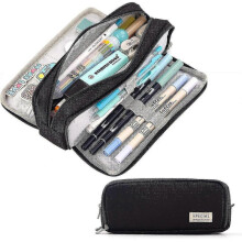 Large Capacity Pencil Case 3 Compartment Pouch Pen Bag for School Teen Girl Boy Men Women (black)