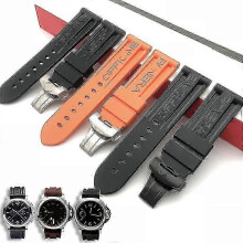 (24mm silver buckle, Black) Butterfly Buckle Watch Strap Watch Band Silicone Rubber Watch Band Replacement For Panerai Strap Tools Steel Buckle