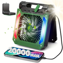 (Green) Rechargeable Solar Portable Fan, Adjustable LED Light, 3-speed Cordless Battery Powered Camping Fan, with Portable Power Bank And Timer