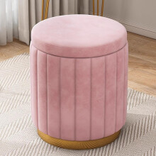 Round Velvet Storage Ottoman,Modern Entryway Upholstered Footrest Vanity Stool with Removable Lid, Gold Metal Base