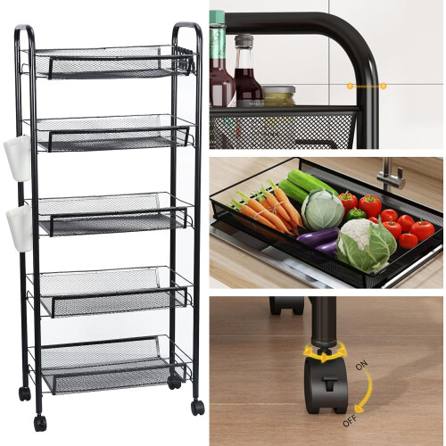 5 Tier Rolling Storage Cart Metal Utility Cart Stackable Removable Kitchen Mesh Shelves with Wheels 1