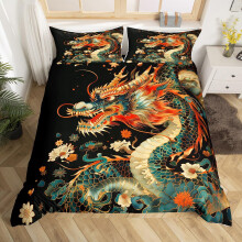Chinese Dragon Kids Duvet Cover Set Queen Size,Watercolor HandPainted Bedding Set, Room Decor