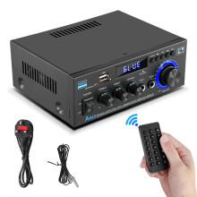 Bluetooth 5.0 Stereo Amplifier HiFi Audio Receiver, 2 Channel Home Audio Amplifier with USB SD RCA Input, FM Radio & Remote Control