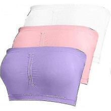 (L, purple-pink-white) 3pcs Women's Padded Bandeau Bra, Strapless Removable Pads Tube Tops Bra, Women Bandeau Bra Padded Strapless Bralette Bra