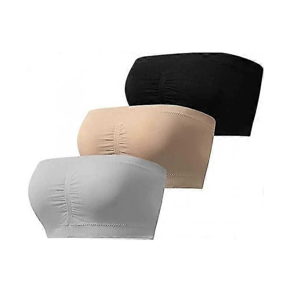 (4XL, Black-Gray-Skin Tone) 3Pcs Women's Padded Bandeau Bra, Strapless Removable Pads Tube Tops Bra, Women Bandeau Bra Padded Strapless Bralette Bra-image