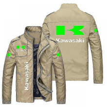 (L, Khaki) 2023 Spring And Autumn Men's Casual Kawasaki Men's Charge Clothes Polyester Jacket Retro Locomotive Windproof Fashion Motorcycle