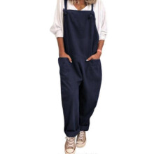 (L, Deep Blue) Womens Summer Overalls Pockets Dungarees Linen Playsuit Casual Loose Romper Sleeveless Jumpsuit