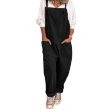 (M, Black) Womens Summer Overalls Pockets Dungarees Linen Playsuit Casual Loose Romper Sleeveless Jumpsuit