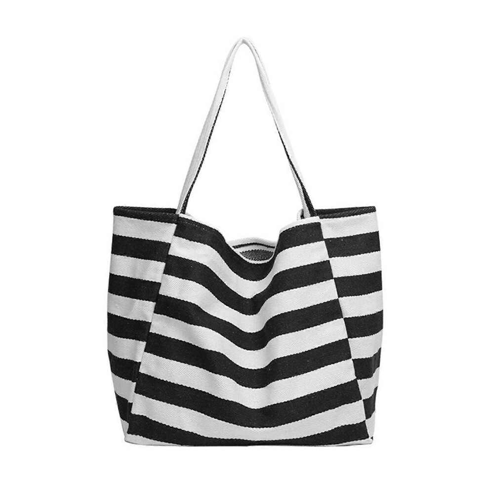 (Black, One size) Women Striped Canvas Shoulder Shopping Bags Reusable Casual Outdoor Party Tote Female Bag Handbags  Black