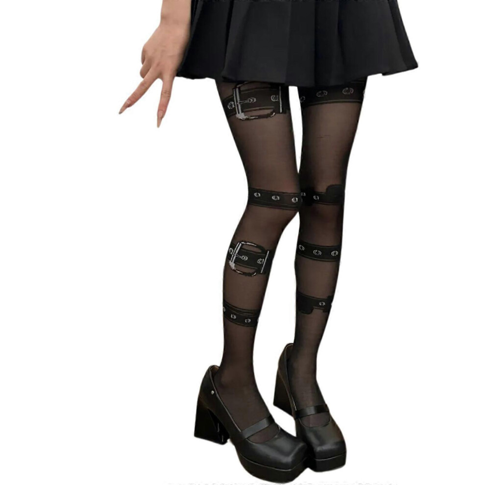(Black, One size) Sexy Women Faux Thigh Garter Belt See Through Pantyhose Tights Fake Harness Leg Garter Print Gothic Punk Sheer Stockings  Black