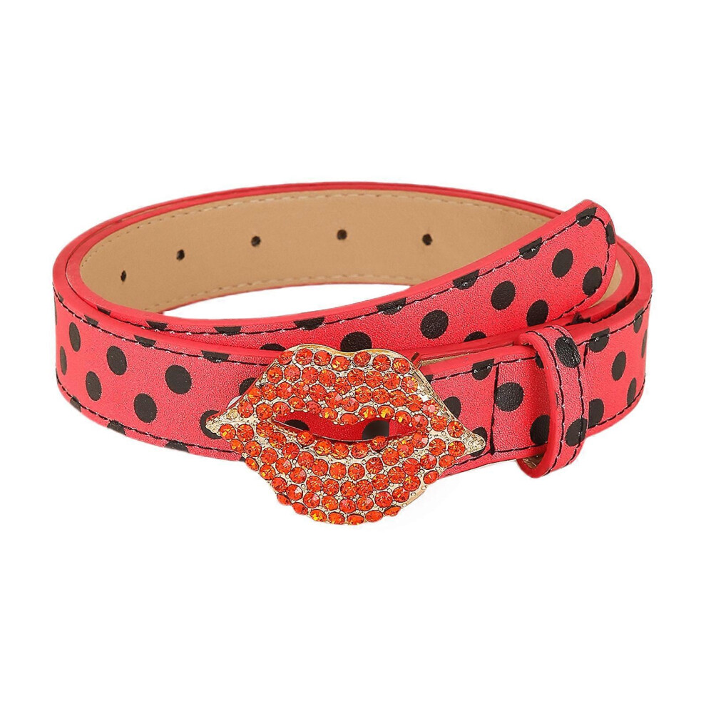 (Black dots on red ba, One size) Waist Belt Lip Shape Buckle Encrusted Crystal Belly Chain for Casual Wear for Women and Men Shining Rhinestones