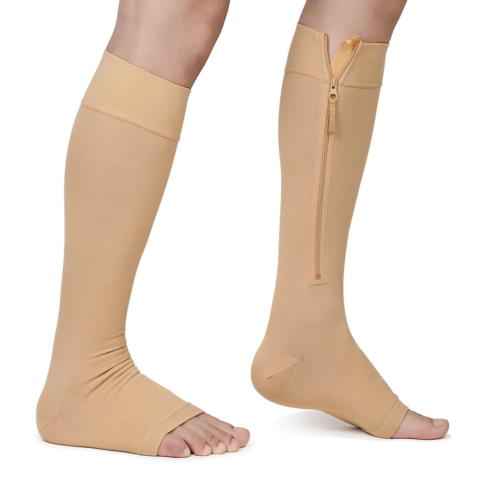Beige Zipper Copper Compression Socks Open Toe 1520 Mmhg Knee High Stockings, Xxlarge