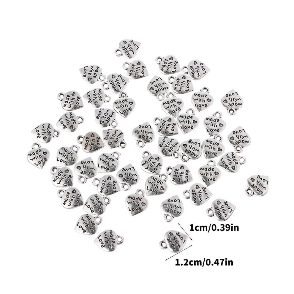 (As show, One size) 50 Pcs Zinc Alloy Heart "Made with Love" Charms 12x10mm Pendants for DIY Crafting Handcraft Works Zipper Pulls Earring
