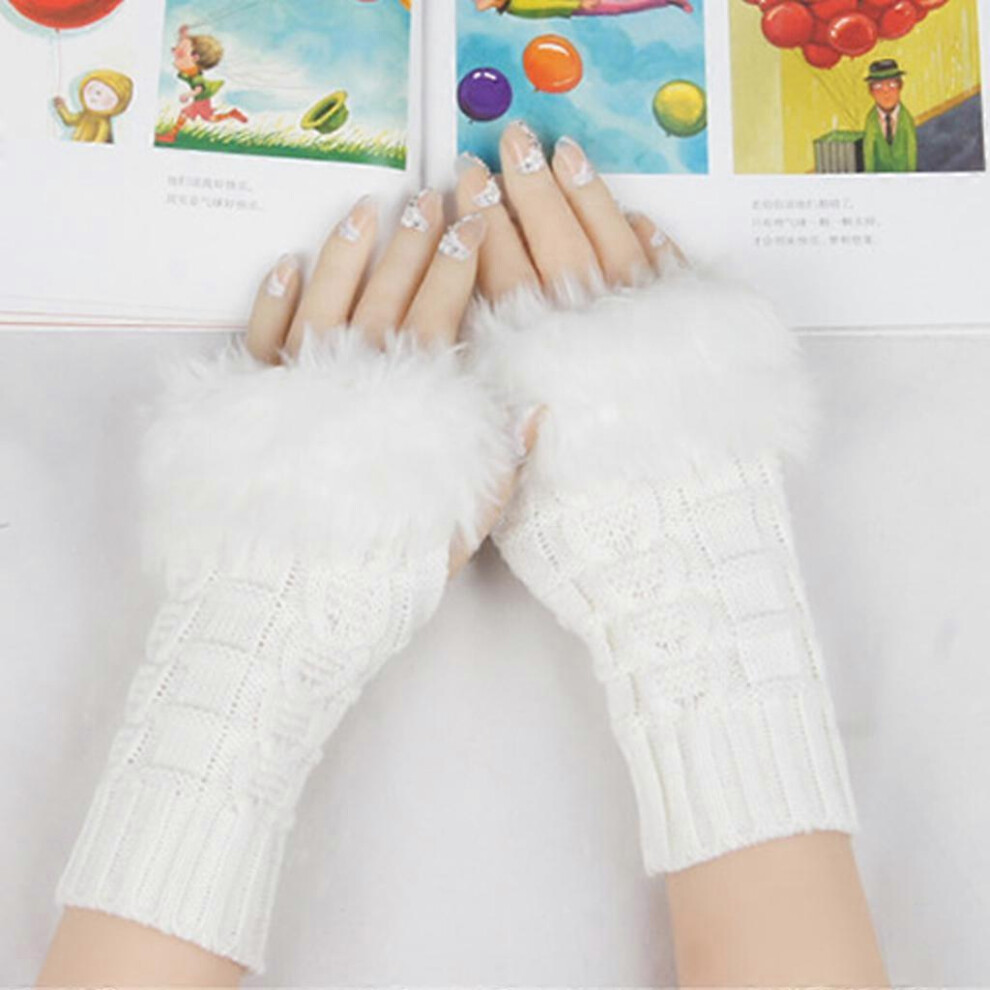 (As show, One size) Hot Women Faux Rabbit Fur Hand Wrist Winter Warmer Fingerless Long Mitten Gloves  White