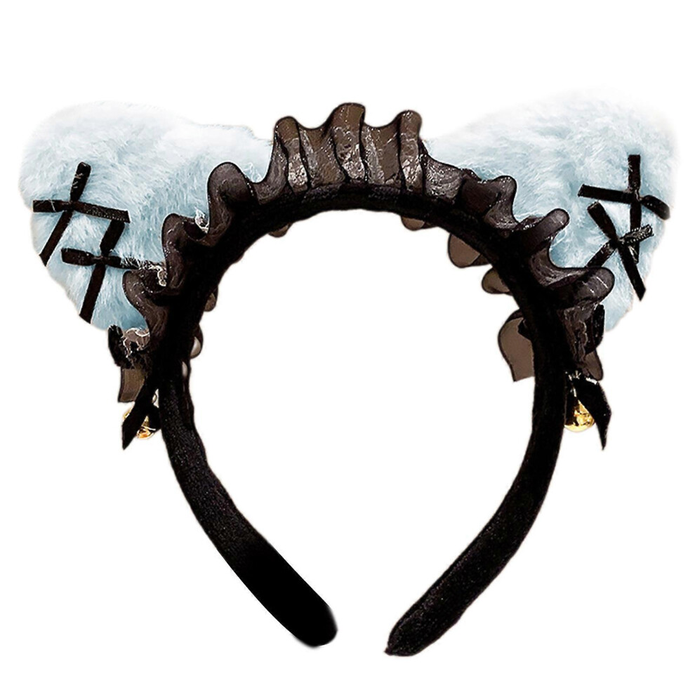 (, One Size) Lace Bowknot Cats Ear Hairhoop For Cats Women Roleplay Anime Maid Headband Party Costume Accessories Christmas Hairband White/Blue