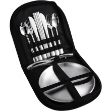 Stainless Steel Outdoor Camping Mess Kit with Forks, Spoons, Knives, Chopsticks, Food Clip, Plates - Portable Cutlery Bag