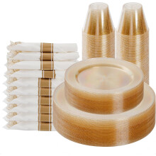 175 Piece Gold Glitter Plastic Dinnerware Set for 25 Guests, Disposable Plates for Party