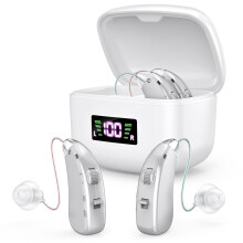 Easy to Operate Hearing Aid for Elderly, One Touch Adjustment, Built-in Noise Reduction, Rechargeable (Silver)