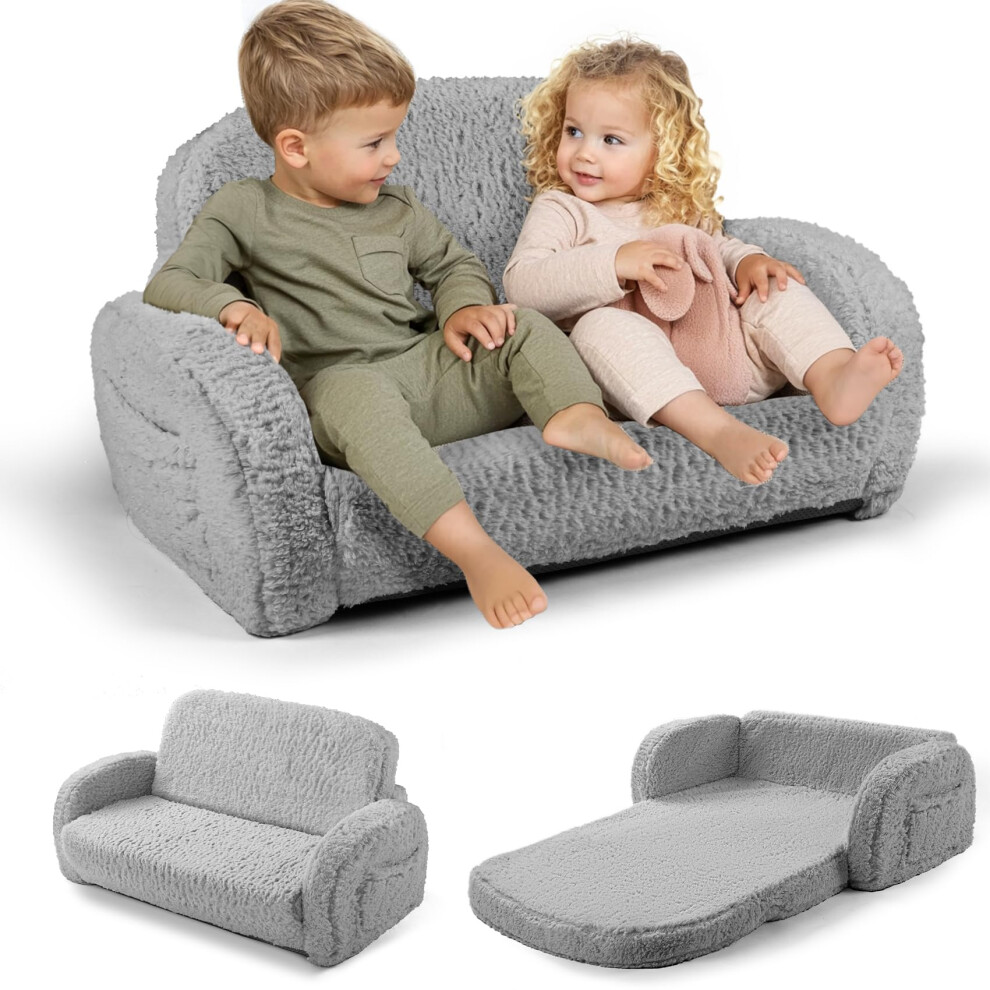 2in1 Sherpa Fold Out Kids Couch, Extra Wide Comfy Toddler Chair, Convertible to Lounger-image-OPC-PHZHBYV-NEW