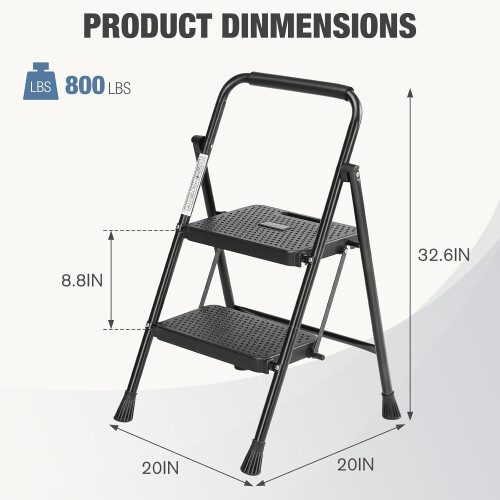 2 Step Ladder, Step Stool Foldable, 800lbs Ladder with Wide AntiSlip Pedal 2