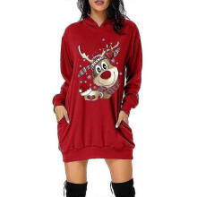 (S, Red) Christmas Hoodie Dress Women Hooded Sweatshirt Pullover Hoody Mini Dresses