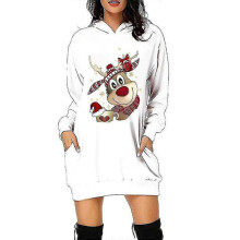 (3XL, White) Christmas Hoodie Dress Women Hooded Sweatshirt Pullover Hoody Mini Dresses