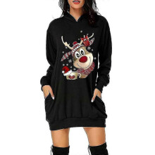 (M, Black) Christmas Hoodie Dress Women Hooded Sweatshirt Pullover Hoody Mini Dresses