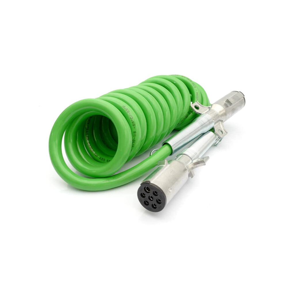 7 Way Coiled Trailer Cord 15 Ft Green Abs Electrical Power Coil Extension Cable Wire Connector For Semi Trucks Tractors 689788545516