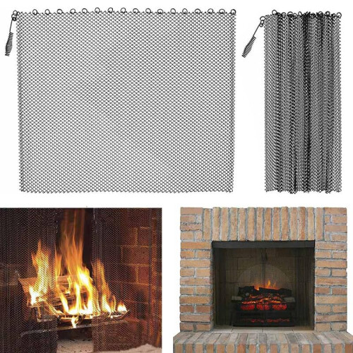 2 Pcs Hanging Fireplace Mesh Screen Curtain,Decorative Scroll Design Sturdy Spark Guard Chain with 2 Pulls