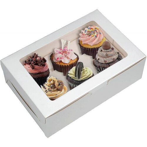 Pack Of 10 X 6 Hole Cupcake Boxes, White Bakery Boxes with Window And Inserts