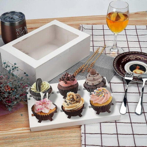 Pack Of 10 X 6 Hole Cupcake Boxes, White Bakery Boxes with Window And Inserts 1