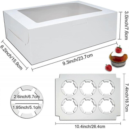 Pack Of 10 X 6 Hole Cupcake Boxes, White Bakery Boxes with Window And Inserts 2