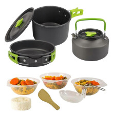 (Green) Camping cookware set, teapot pot 10-piece outdoor picnic pot aluminium 2-3 people, kettle portable tableware camping equipment