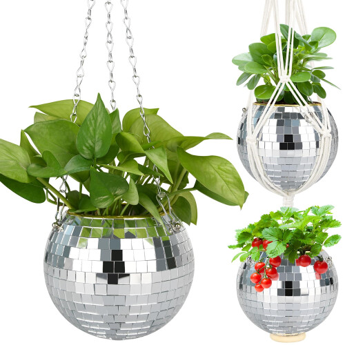 6' Disco Ball Planter with Hanging Rope, Chain, Hook, Mirror Pieces
