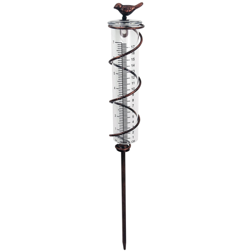 Pluviômetro espiral de vidro com capacidade, pássaro de ferro fundido