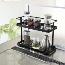2 Tier Spice Rack for Countertop, Metal Standing Kitchen Storage Organizer Shelf, Vertical Seasoning Jars Rack,Kitchen Countertop Organizer (Black)