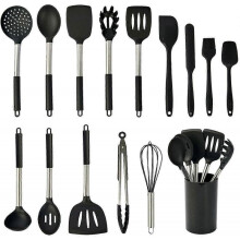 (black) 15 Piece Silicone Utensil Set, Heat Resistant Non-stick Pan Cookware (Black)