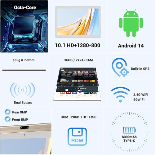 FLYCOAY Tablet 10 Inch Newest Android 14, Octa-Core 2.0GHz, 5G WIFI 6 ...