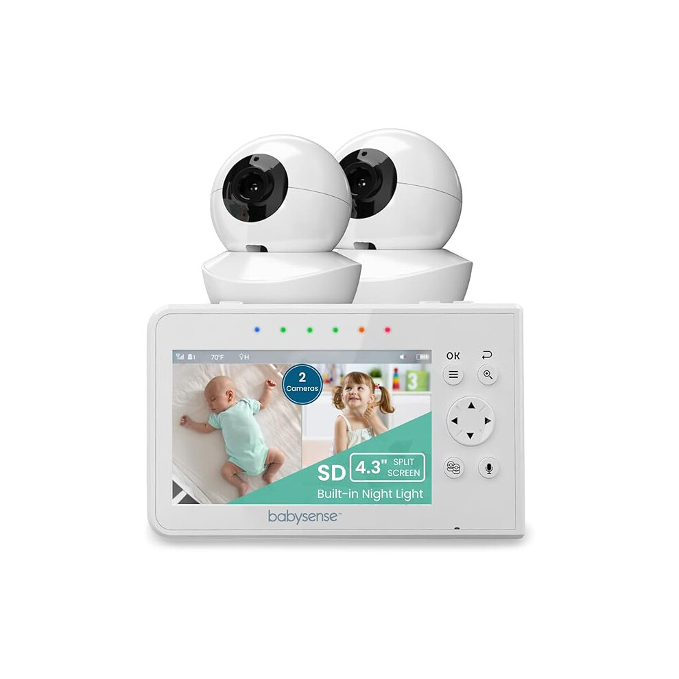 Babysense Video Baby Monitor With 2 Cameras, 4.3 Inch No Wifi Baby Monitor With 480P Split Screen, White Noise, Night Vision, Adjustable Night Light