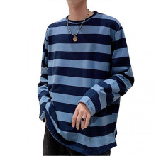(M, Blue) Men's Striped Sweatshirt Crew Neck Long Sleeve Casual Loose Fit Top for Youth Men Fashion Apparel