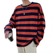 (2XL, Orange) Men's Striped Sweatshirt Crew Neck Long Sleeve Casual Loose Fit Top for Youth Men Fashion Apparel