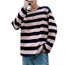 (XL, Pink) Men's Striped Sweatshirt Crew Neck Long Sleeve Casual Loose Fit Top for Youth Men Fashion Apparel